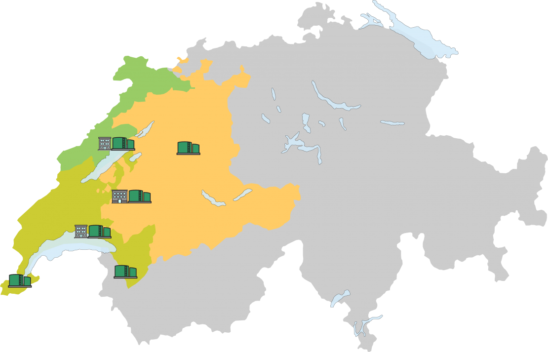 Carte des zones d'activité de Celsa-Charmettes en Suisse avec les emplacements des succursales et dépôts pétroliers